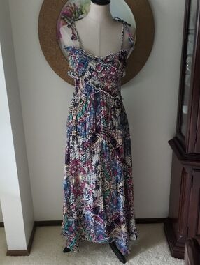 Anthropologie Boho Floral Maxi Dress with Tie Straps - Multicolor